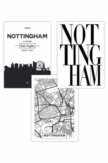 ARTZE Set of 3 NOTTINGHAM Skyline Street Map City Prints Art Posters in Black - Size: W50 cm x H70 cm - image 1