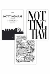 ARTZE Set of 3 NOTTINGHAM Skyline Street Map City Prints Art Posters in Black - Size: W50 cm x H70 cm - thumbnail 1