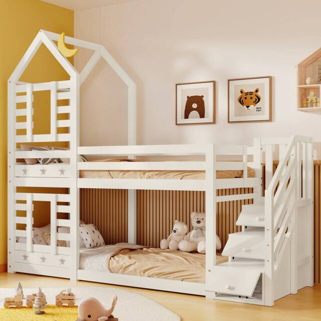 Matteo White Solid Pine Kids Bunk Bed - House Frame Design with Storage - Size: Single - image 1