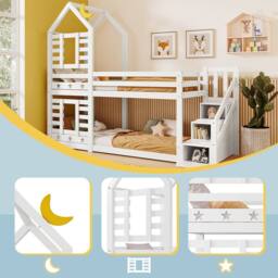 Matteo White Solid Pine Kids Bunk Bed - House Frame Design with Storage - Size: Single - thumbnail 8