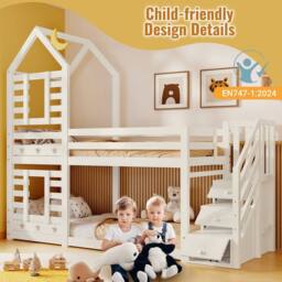 Matteo White Solid Pine Kids Bunk Bed - House Frame Design with Storage - Size: Single - thumbnail 3
