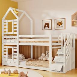 Matteo White Solid Pine Kids Bunk Bed - House Frame Design with Storage - Size: Single