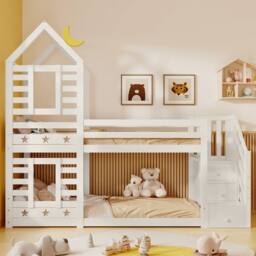 Matteo White Solid Pine Kids Bunk Bed - House Frame Design with Storage - Size: Single - thumbnail 6