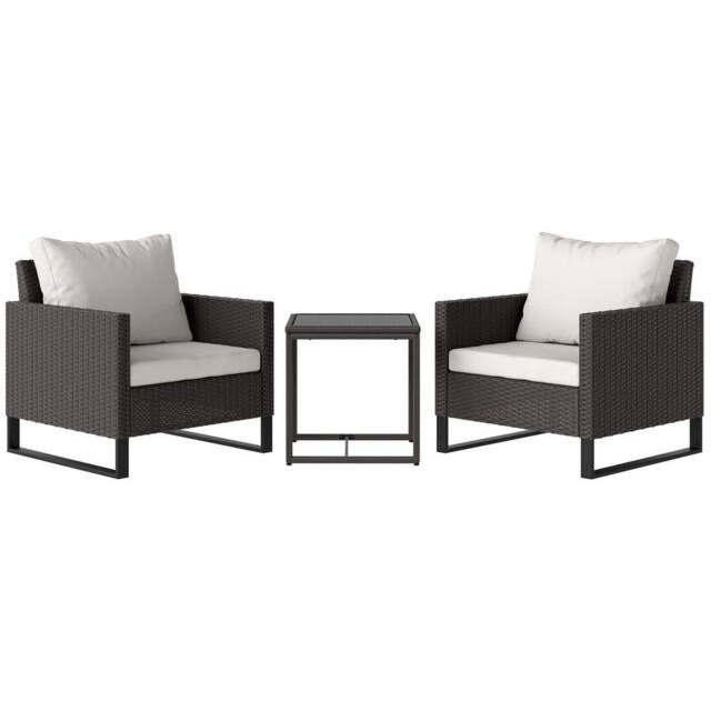 Matteo Brown Rattan 2-Seater Bistro Set - Glass Top Coffee Table & Cushions - image 1