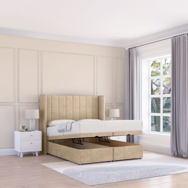 Sloomy Falcon Conistan Fabric Ottoman Bed End Opening With Sprung Memory Mattress & 54 Inch Floorstanding Headboard With Wings in Cream - Size: Double - image 1
