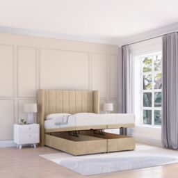 Sloomy Falcon Conistan Fabric Ottoman Bed End Opening With Sprung Memory Mattress & 54 Inch Floorstanding Headboard With Wings in Cream - Size: Double - thumbnail 1