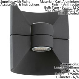 Loops IP44 Outdoor Up & Down Wall Light Anthracite Aluminium 2.5W Built in LED Lamp - thumbnail 2
