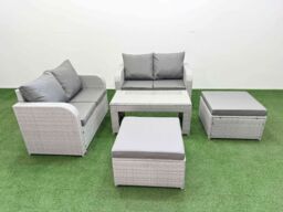 Fimous 6 Seater Outdoor Love Sofa Set Rattan Garden Furniture Set with Oblong Coffee Table 2 Footstool Light Grey - thumbnail 2