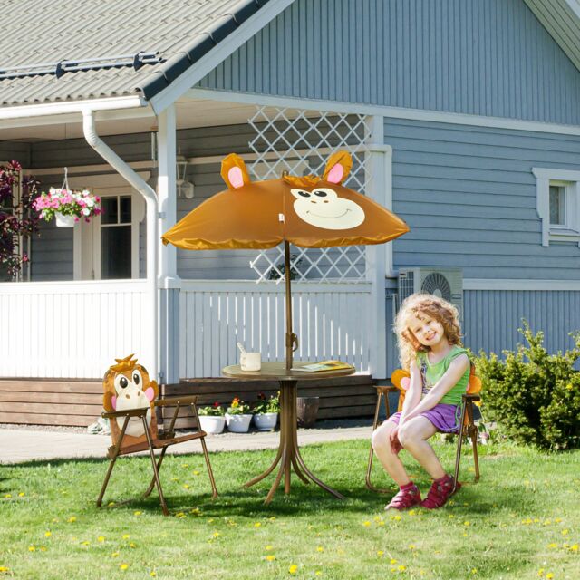 OUTSUNNY Kids Foldable Four-Piece Garden Set with Table, Chairs, Adjustable Umbrella in Brown - image 1