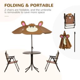 OUTSUNNY Kids Foldable Four-Piece Garden Set with Table, Chairs, Adjustable Umbrella in Brown - thumbnail 4
