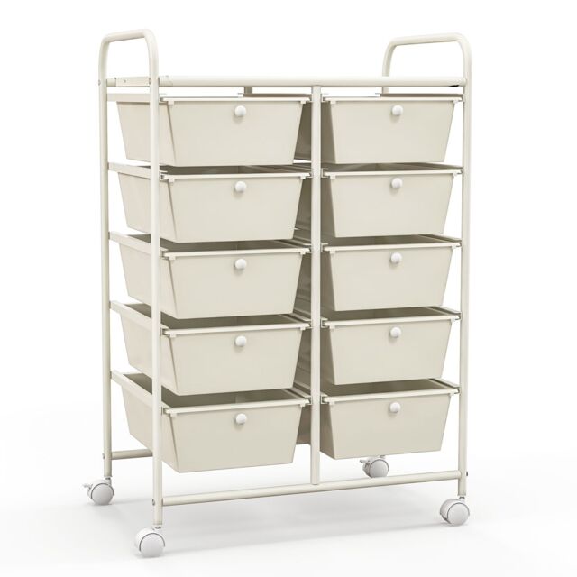 Costway 10 Drawers Storage Trolley Mobile Rolling Utility Cart Home Office Organizer in White