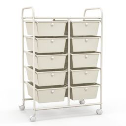 Costway 10 Drawers Storage Trolley Mobile Rolling Utility Cart Home Office Organizer in White - thumbnail 1