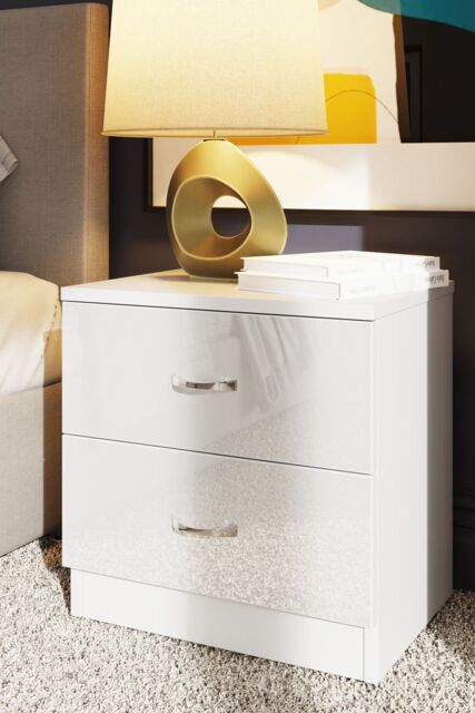 FWStyle Chilton 2 Drawer Bedside Table Chest White Gloss (H) 46 (W) 45 (D) 40cm - image 1