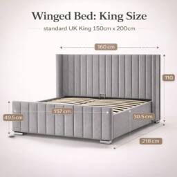Harmin Luxury 5ft King sized Grey Plush Velvet Ottoman Winged bed - Size: EU King - thumbnail 2