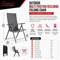 Samuel Alexander Outdoor Garden Patio Multi Position Reclining Folding Chair in Black & Silver in Grey - thumbnail 9