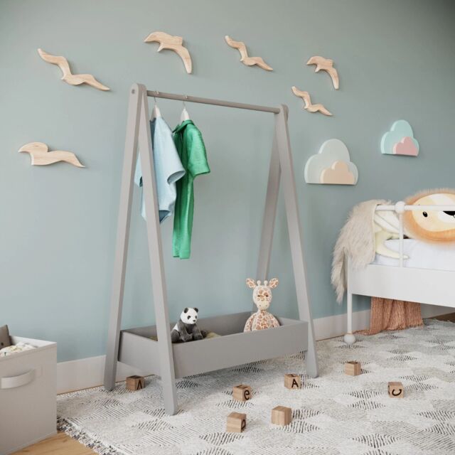 EONLION Grey Wooden Hanging Dress Up Clothes Rail Rack Display Stand Extra Storage Shelf - image 1