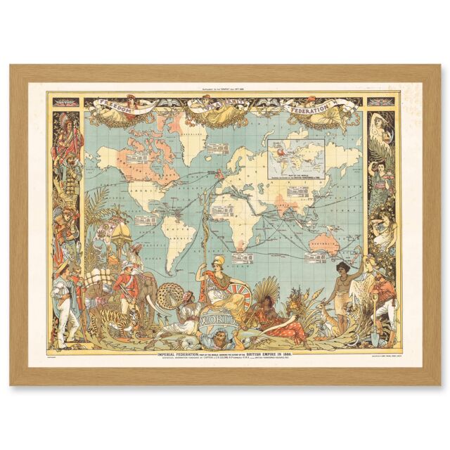 Artery8 Crane 1886 Pictorial Map British Empire World Colonial Brittania Artwork Framed Wall Art Print A4 in Light Oak - image 1
