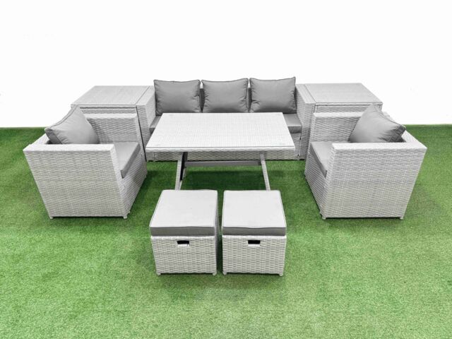 Fimous 9 Pieces Outdoor PE Rattan Sofa Armchair Set with 2 Side Tables in Light Grey - image 1