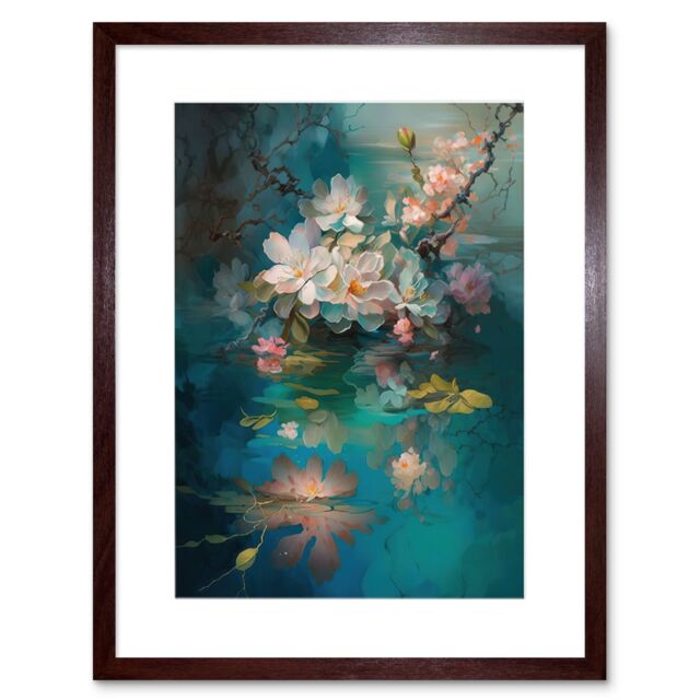 "Artery8 Wall Art Print Low Hanging Cherry Blossom Branch in River Stream Modern Watercolour Painting Artwork Framed 9X7 Inch - Size: W7"" x H9""" - image 1