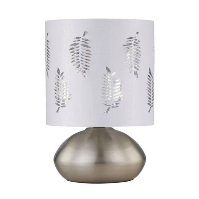 First Choice Lighting Jenson - Brushed Chrome Touch Table Lamp with White Fern Shade in Silver - image 1