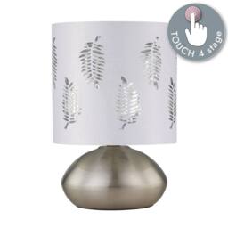 First Choice Lighting Jenson - Brushed Chrome Touch Table Lamp with White Fern Shade in Silver - thumbnail 4