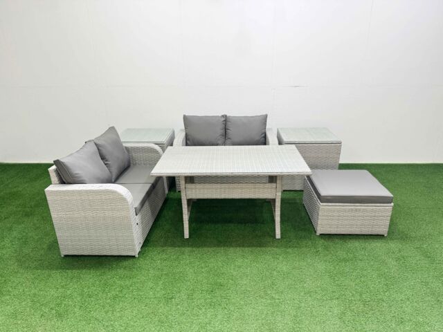 Fimous 5 Seater Outdoor Love Sofa Set Rattan Garden Furniture Set with Rectangular Dining Table Big Footstool 2 Side Tables Light Grey - image 1
