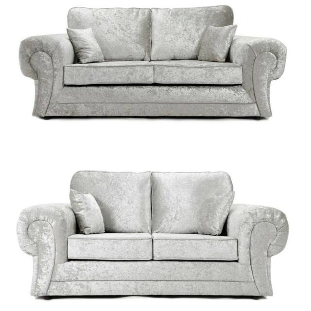 Furniture 786 Tango Full Back 3+2 Seater Sofa Set Crushed Velvet in Silver