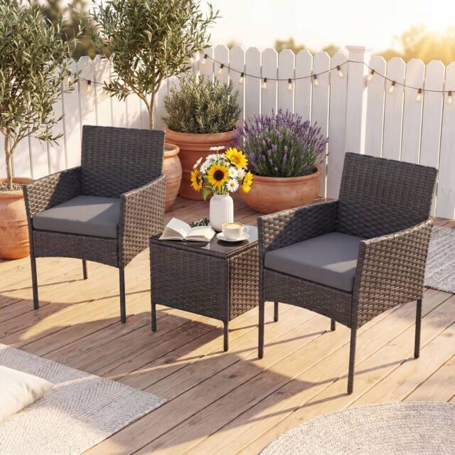 Costway Garden Conversation Set 3PCS Rattan Balcony Furniture Set w/ Cushions in Grey - image 1