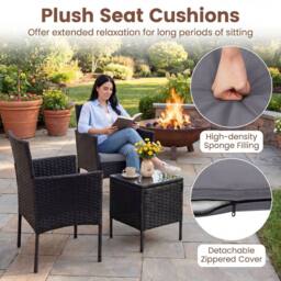 Costway Garden Conversation Set 3PCS Rattan Balcony Furniture Set w/ Cushions in Grey - thumbnail 4