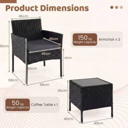 Costway Garden Conversation Set 3PCS Rattan Balcony Furniture Set w/ Cushions in Grey - thumbnail 3