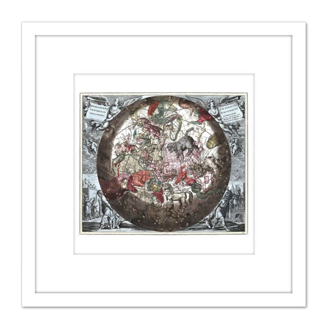 Artery8 Map Keller 1708 Hemisphere Star Constellations World 8X8 Inch Square Wooden Framed Wall Art Print Picture with Mount in White - image 1