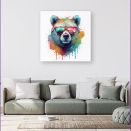Warren Reed - Designer Splashart Colourful Bear In Glasses Canvas - Size: w40 inch x h40 inch - thumbnail 1
