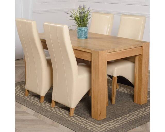 Thats Furniture Kuba 150 x 85 cm Chunky Medium Oak Dining Table & 4 Lola Leather Chairs in Cream - image 1