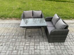 Fimous Outdoor Garden Furniture Sets 3 Pieces Wicker Rattan Furniture Sofa Sets with Rectangular Dining Table Love Sofa in Dark Grey - thumbnail 2