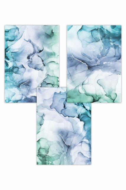 ARTZE Set of 3 Abstract Floral Fluid in Blue Green & Purple Art Posters - Size: W50 cm x H70 cm - image 1