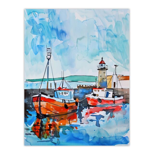 "Artery8 Newhaven Lighthouse Fishing Boats Harbour Wall Art Print in Blue - Size: W24"" x H32""" - image 1