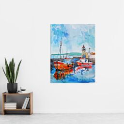 "Artery8 Newhaven Lighthouse Fishing Boats Harbour Wall Art Print in Blue - Size: W24"" x H32""" - thumbnail 4
