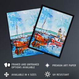 "Artery8 Newhaven Lighthouse Fishing Boats Harbour Wall Art Print in Blue - Size: W24"" x H32""" - thumbnail 2