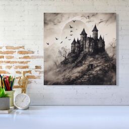Warren Reed - Designer A Realistic Ink Drawing Of A Haunted Castle Canvas in Grey - Size: w40 inch x h40 inch - thumbnail 2