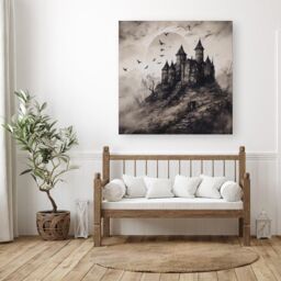 Warren Reed - Designer A Realistic Ink Drawing Of A Haunted Castle Canvas in Grey - Size: w40 inch x h40 inch - thumbnail 3