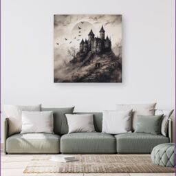 Warren Reed - Designer A Realistic Ink Drawing Of A Haunted Castle Canvas in Grey - Size: w40 inch x h40 inch - thumbnail 4