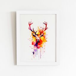 "Warren Reed - Designer Watercolour Stag Face Framed Art Print in White - Size: W24"" x H36""" - thumbnail 1