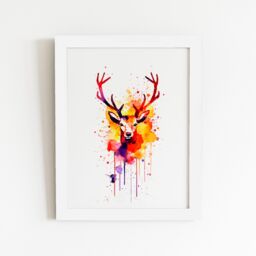 "Warren Reed - Designer Watercolour Stag Face Framed Art Print in White - Size: W24"" x H36""" - thumbnail 2
