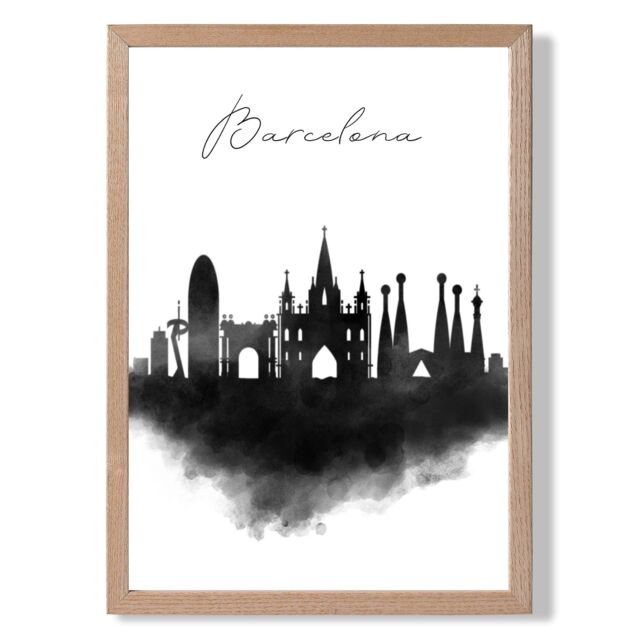 ARTZE Barcelona Watercolour Skyline City Framed Print SIZE: A3 with Oak Frame in Black - Size: A4 - image 1