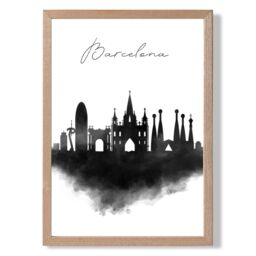 ARTZE Barcelona Watercolour Skyline City Framed Print SIZE: A3 with Oak Frame in Black - Size: A4 - thumbnail 1