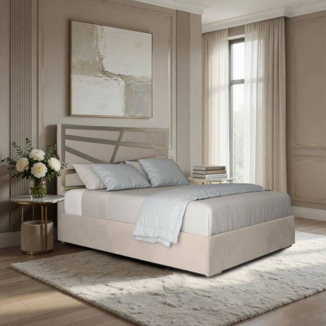 Casani Embleton Upholstered Soft Velvet Beige Metal Designer Bed Frame in Cream - Size: Single - image 1