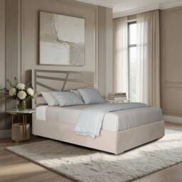 Casani Embleton Upholstered Soft Velvet Beige Metal Designer Bed Frame in Cream - Size: Single - thumbnail 1
