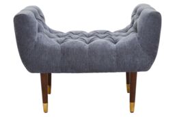 Orsina Classic Grey Chenille Stool, Decorative Wooden Seat, Metallic Gold Finished Lounge Seat With Pointed Feet