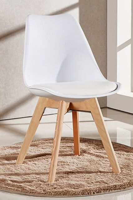 Life Interiors Single 'Tulip Dining Chair' Leather Padded Seat Solid Wood Legs in White