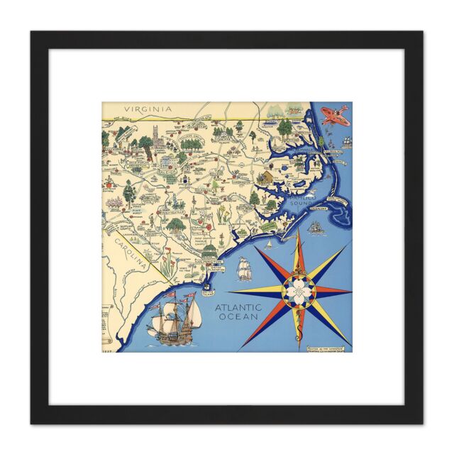 Artery8 Map Pugh 1937 North Carolina Nature Lovers Pictorial 8X8 Inch Square Wooden Framed Wall Art Print Picture with Mount in Black - image 1